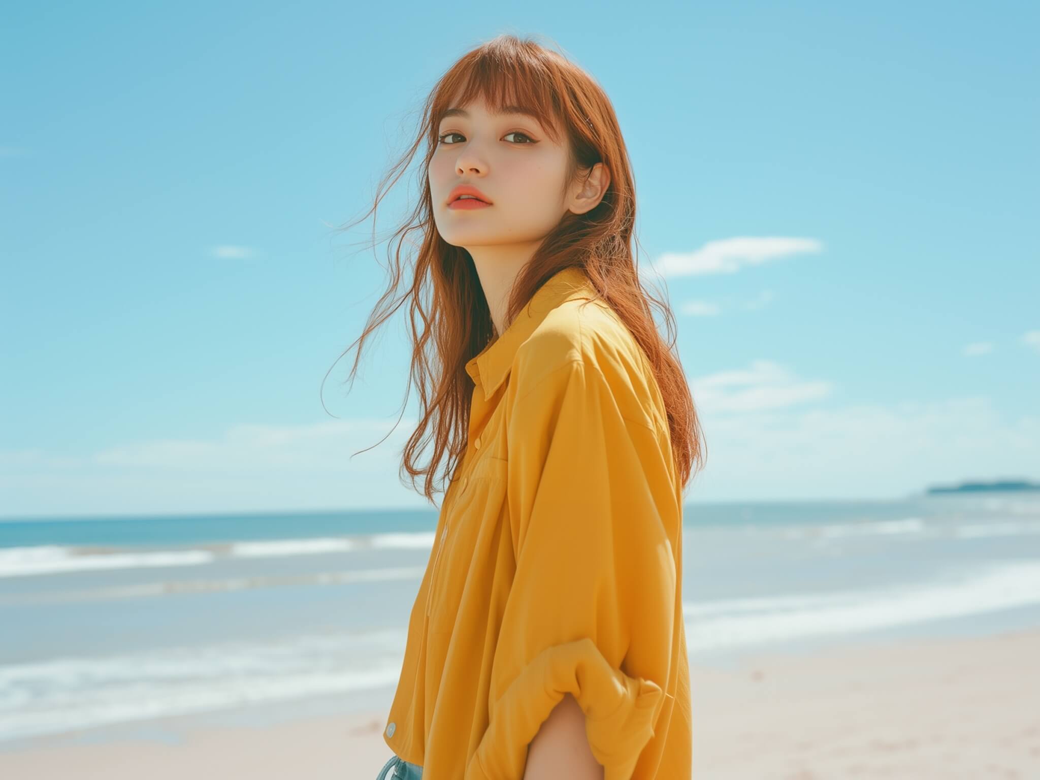 海の背景で女性がこちらを向いている写真